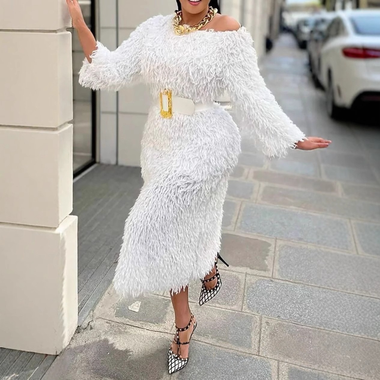 Winter Evening Dress Woman Lon - đánh giá và giá Off White Belt